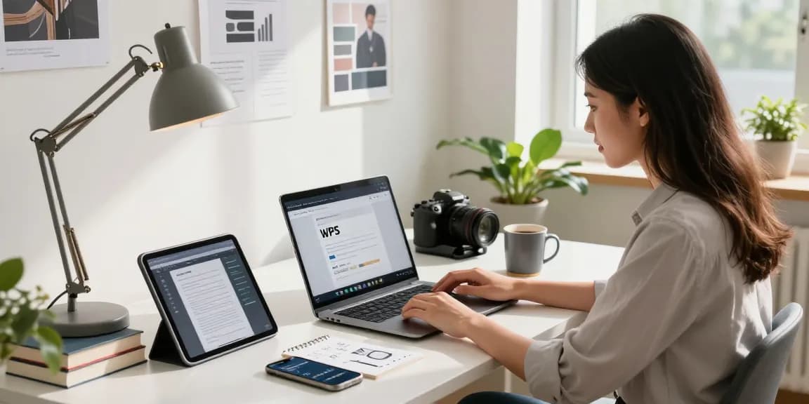 WPS Download page displayed on a laptop in a modern office workspace surrounded by productivity tools.