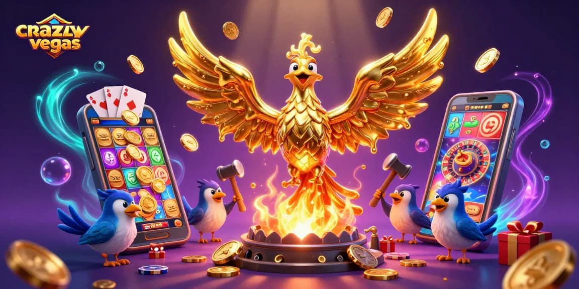 CrazyVegas showcases a dynamic scene with a molten golden phoenix, slot game elements, and vibrant casino imagery.