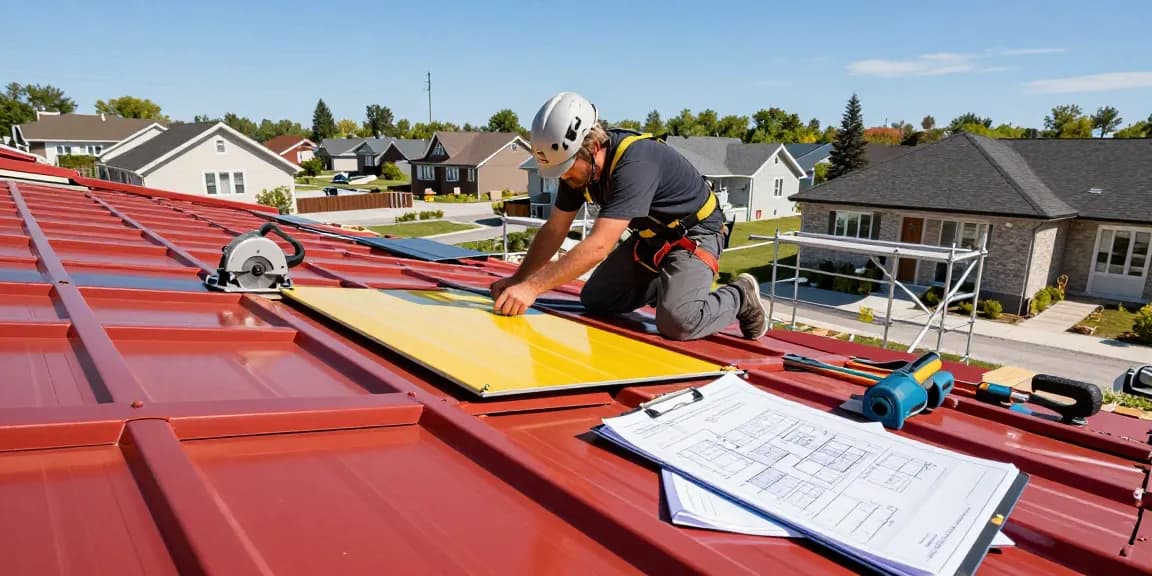 Metal roofing GTA installation with a skilled contractor working on a residential site, showcasing vibrant panels and tools.