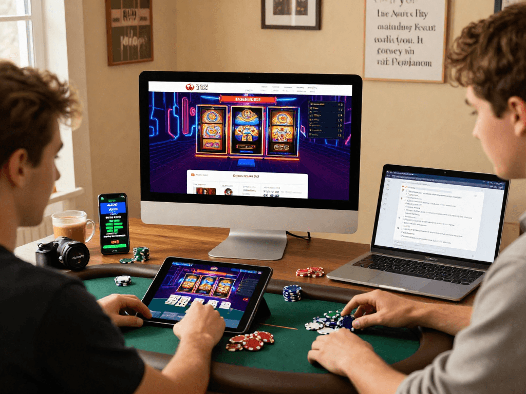 Engaging scene of a young Canadian using devices to gamble online in Canada, enjoying poker and sports betting.