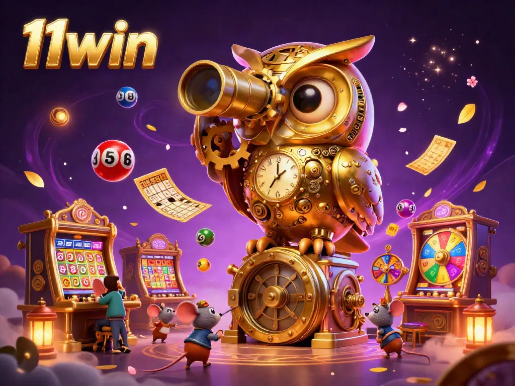 Experience thrilling wins with 11win at a vibrant casino scene featuring a golden owl and animated mice.