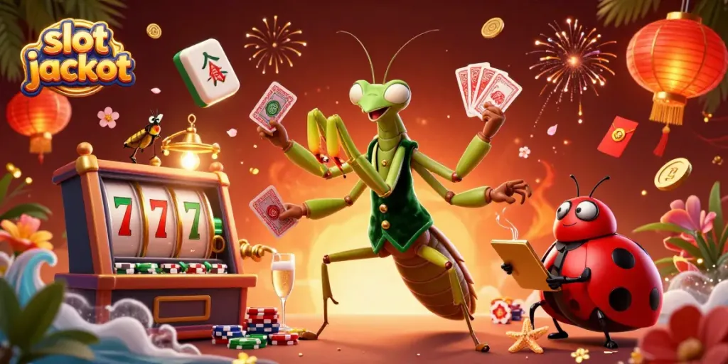 Experience the excitement of slot jackpot with vibrant characters and dynamic casino elements in this lively 3D illustration.