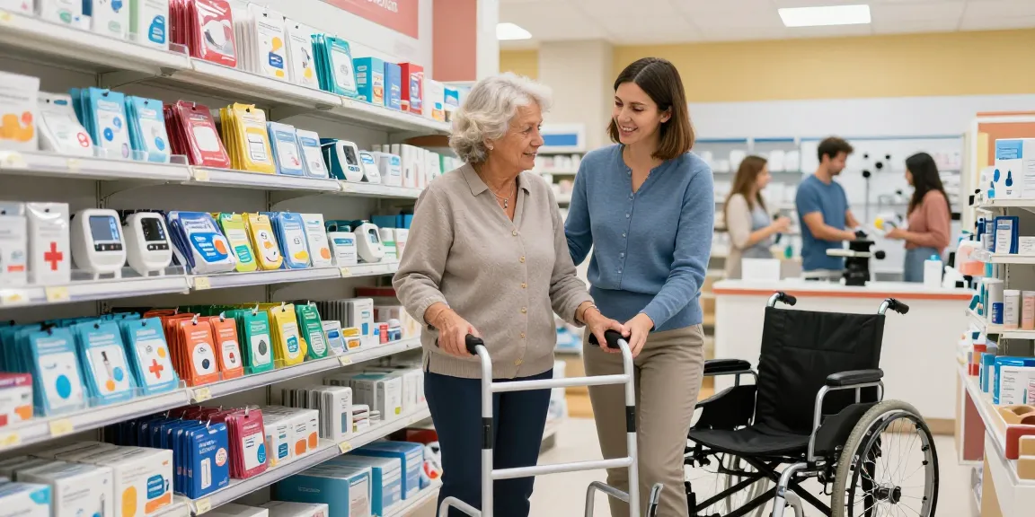 Medical supply store near me assisting a senior woman with mobility aids and products in a welcoming environment.