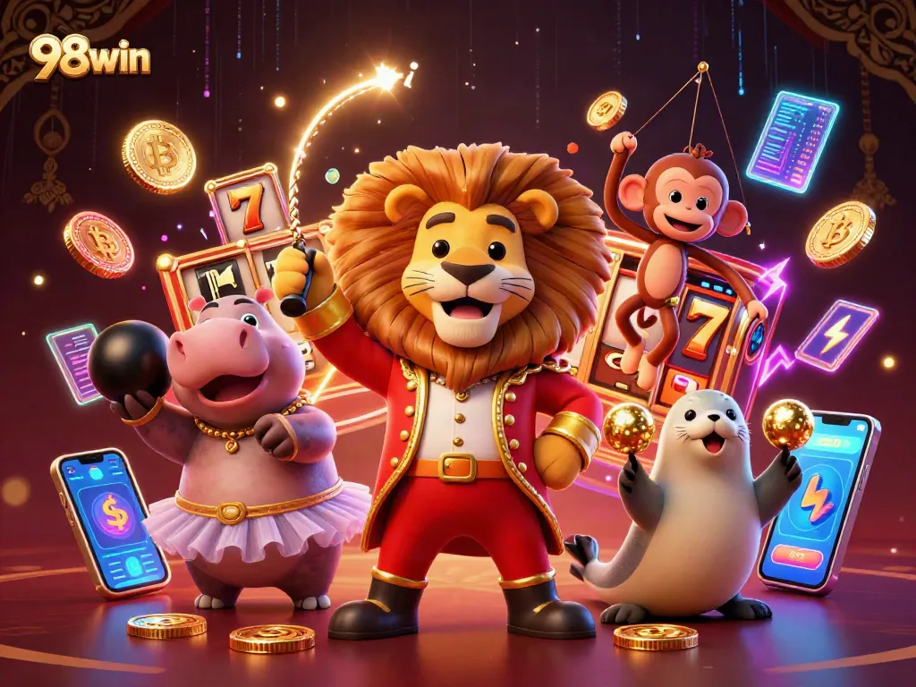 Experience the thrill of 98win with animated casino characters in an exciting gaming scene.