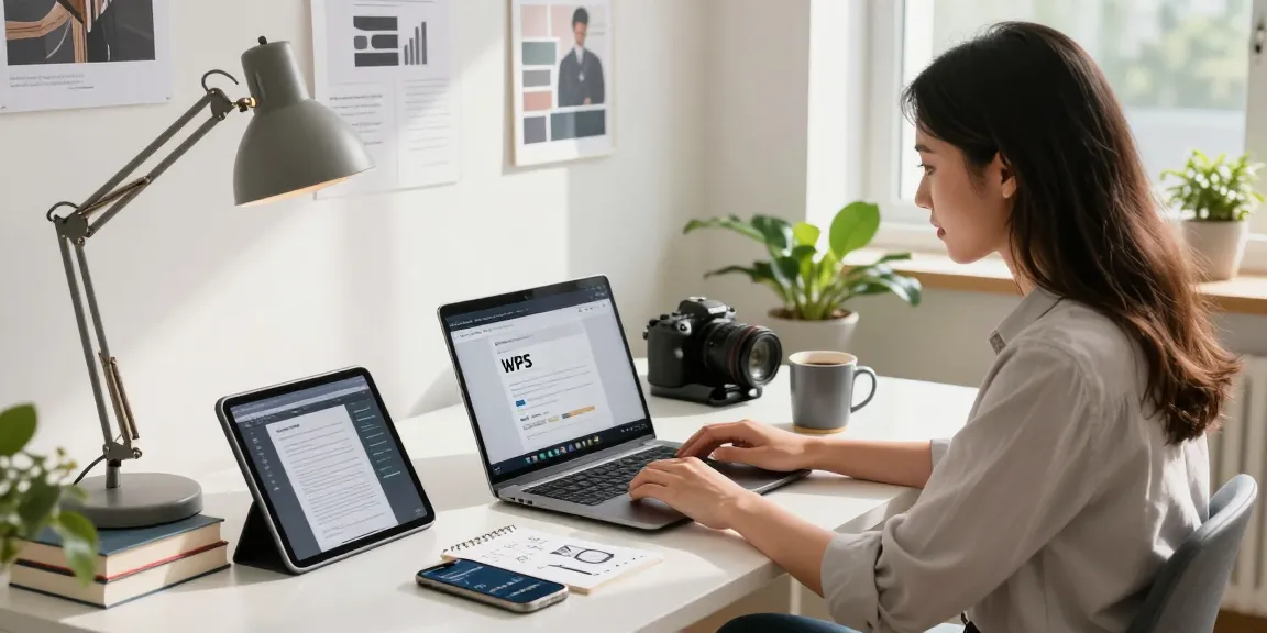 WPS Download page displayed on a laptop in a modern office workspace surrounded by productivity tools.