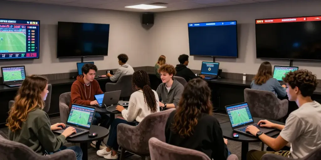 Bitcoin Sports Betting Canada scene with diverse group enjoying live sports betting in a modern lounge.