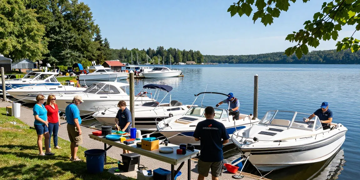 Boat repairs in progress at Mountain Trout House Marina with scenic lake background and dedicated technicians.