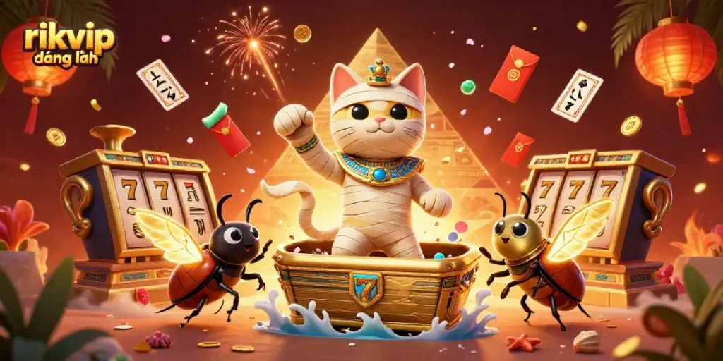 Experience thrilling gameplay at rikvip đăng nhập with an enchanting scene of a mummy cat and a scarab beetle.