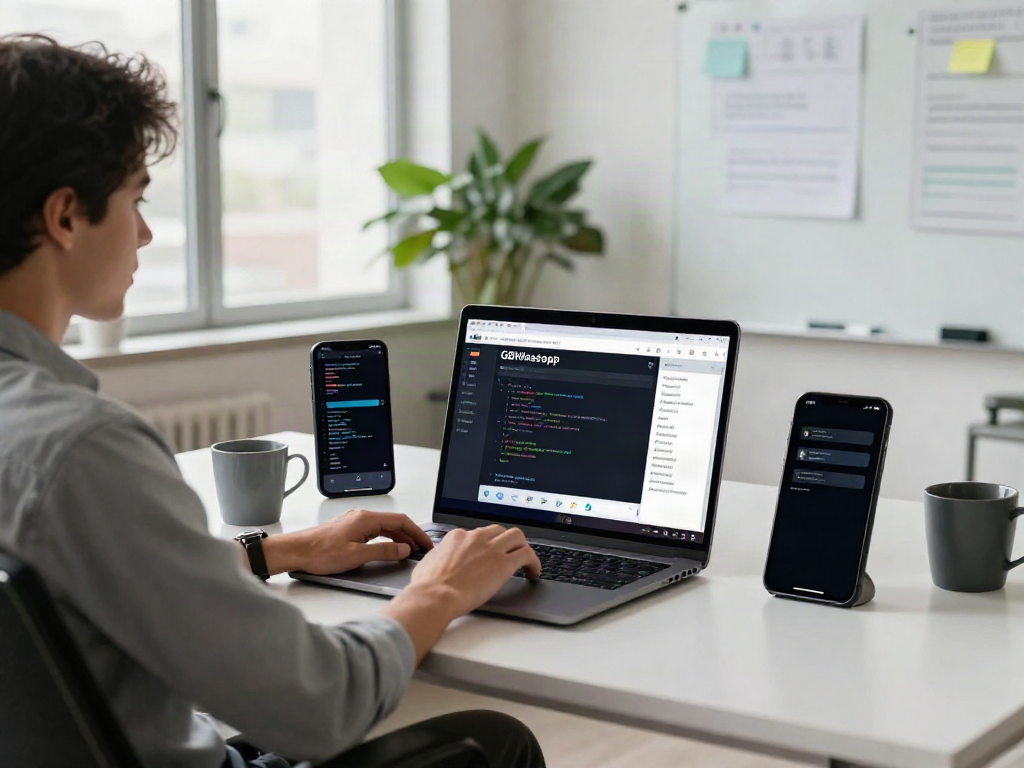 Developer showcasing whatsapp gb 2026 features at a modern workspace.