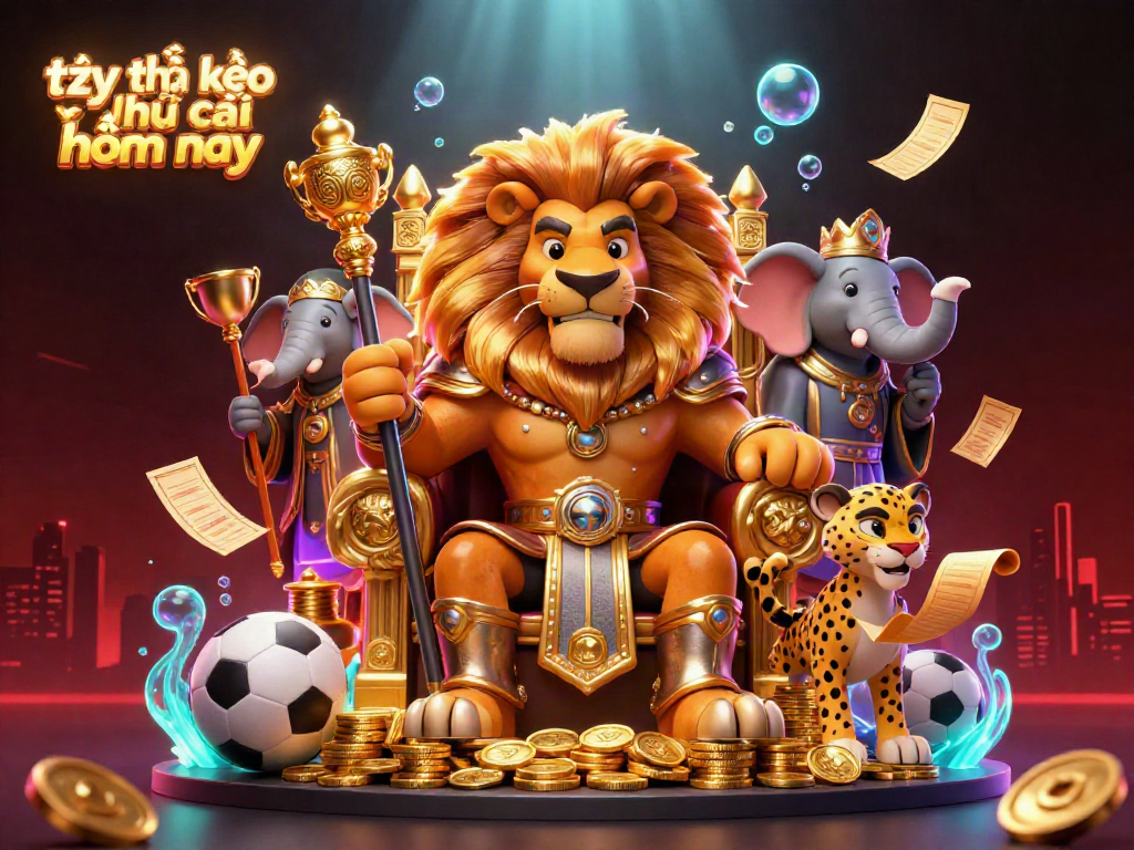Engage with tỷ lệ kèo nhà cái hôm nay through an illustration showcasing a lion king and sports betting elements.