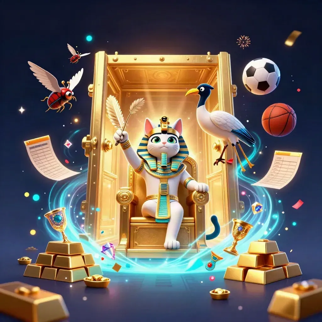 Pharaoh cat, ibis scribe, and gem-winged scarabs amid vault gold, balls, and teal magic
