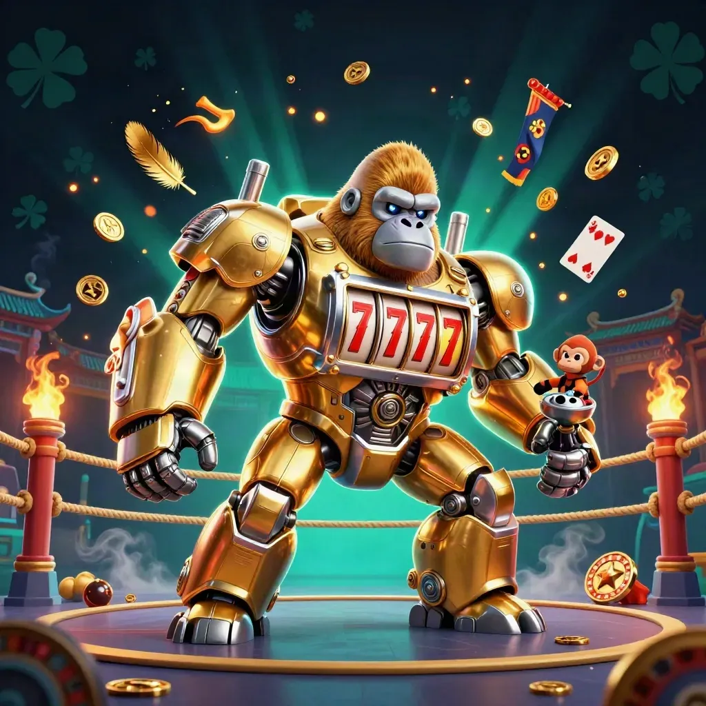 Golden gorilla mech with tiny monkey pilot amid casino relics and teal light