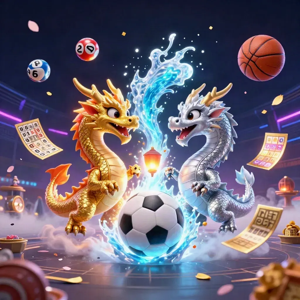 Gold and silver dragons spiral in neon mist around a soccer ball and casino icons.