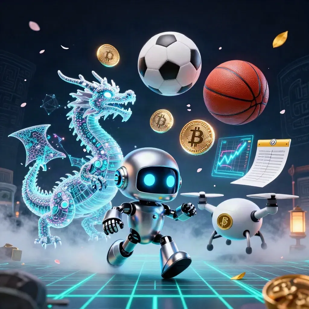 Chrome robot, holographic dragon and coin drone amid frozen balls, teal neon, coins and mist.
