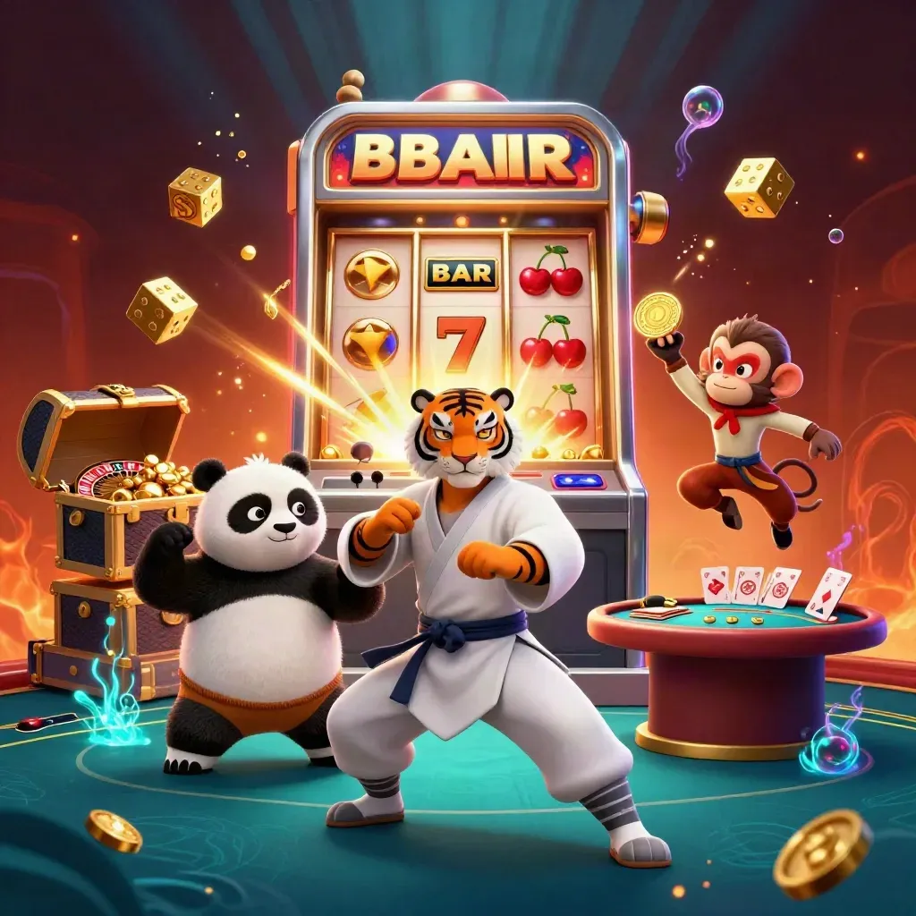 Kung-fu tiger, panda, and monkey amid casino gold, glowing slots, dice, and dramatic cinematic light.