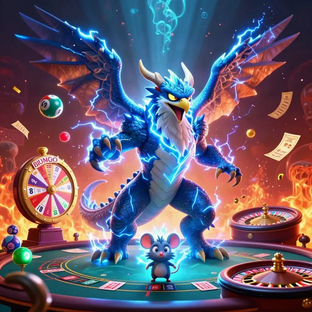 Thunder dragon, wind hawk, and static mouse amid casino lights and glowing game elements.