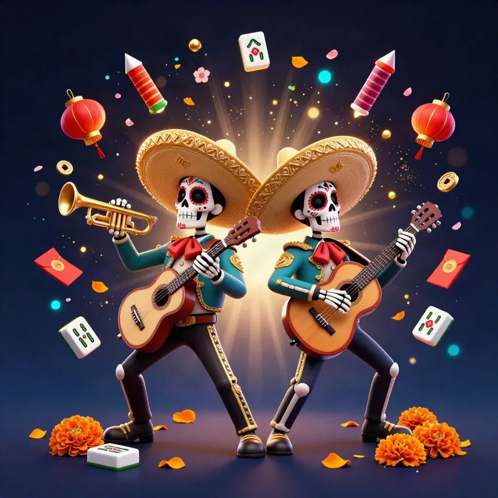 Day-of-the-Dead mariachi skeletons amid teal casino lights, petals, coins and lanterns.
