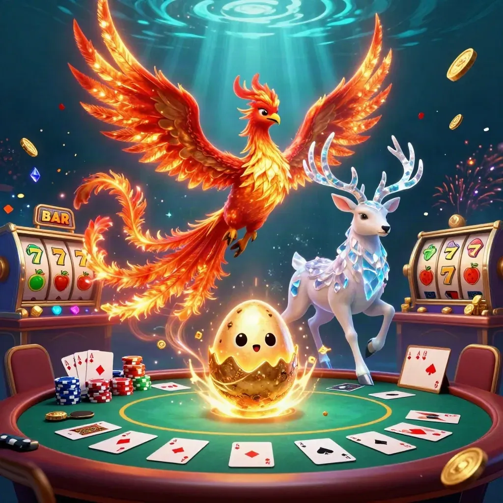 Phoenix, stag, and baby phoenix amid casino chips, cards, reels, and teal underwater glow.