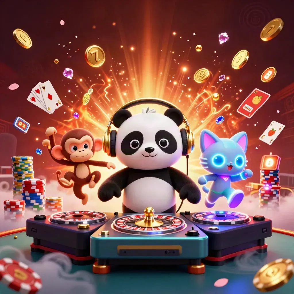 DJ panda, breakdancing monkey, and glow-stick kitten amid coins, chips, and neon teal casino energy