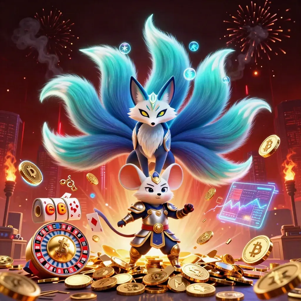 Nine-tailed fox spirit and armoured samurai mouse burst through coins and neon casino effects