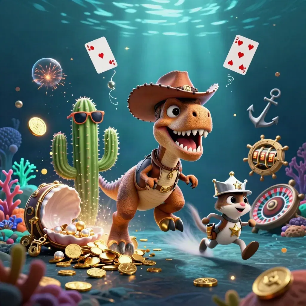 Cartoon cowboy T-Rex, cactus, and roadrunner amid underwater treasure coins, coral, and glowing casino effects.