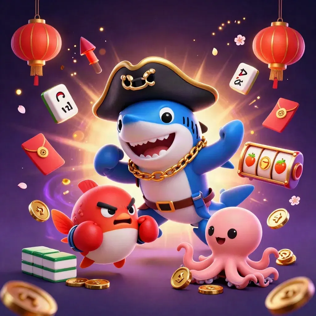 Shark captain, boxing pufferfish, and juggling octopus amid casino symbols and teal-gold glow