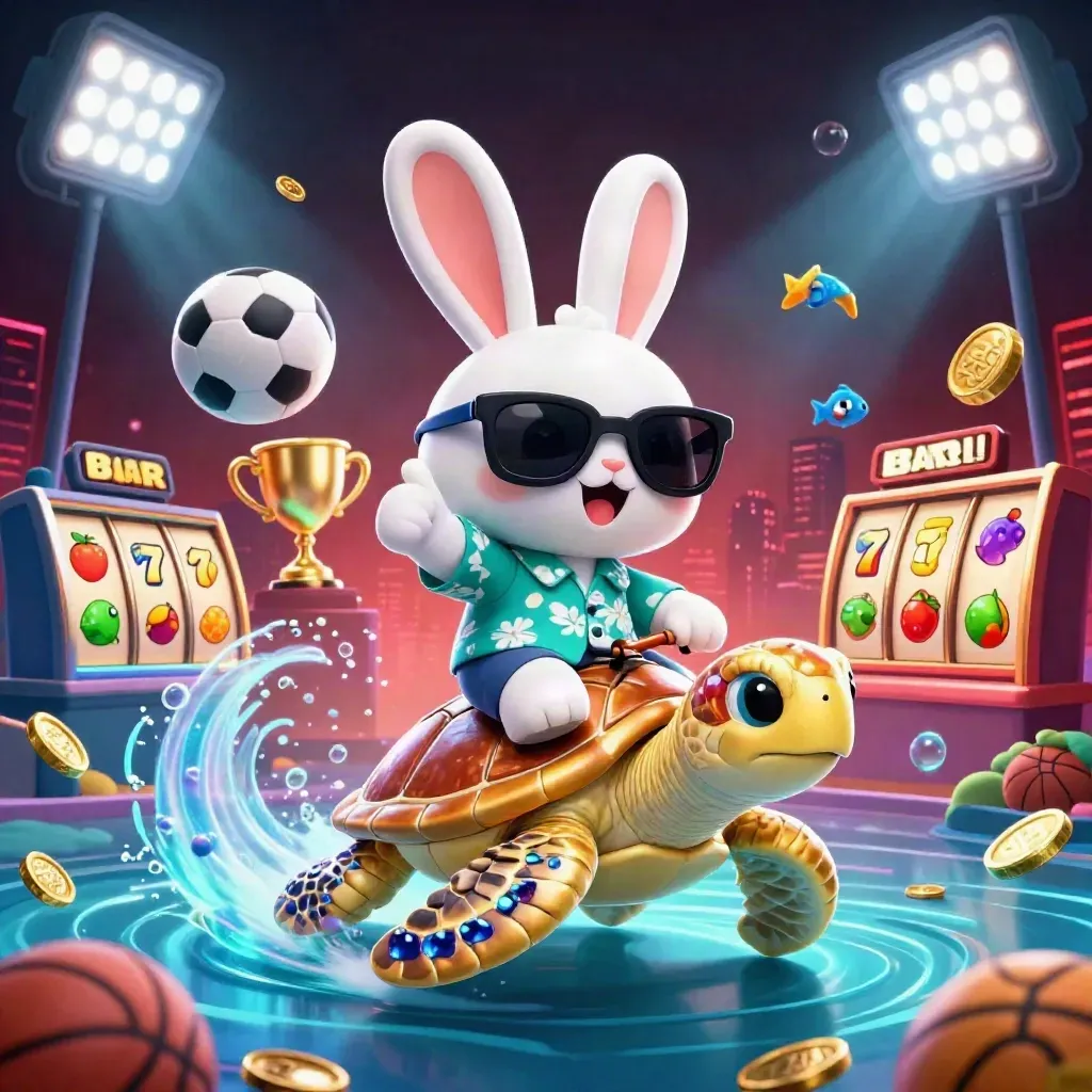 Cute rabbit in sunglasses rides a jeweled sea turtle amid casino lights, coins, and flying balls