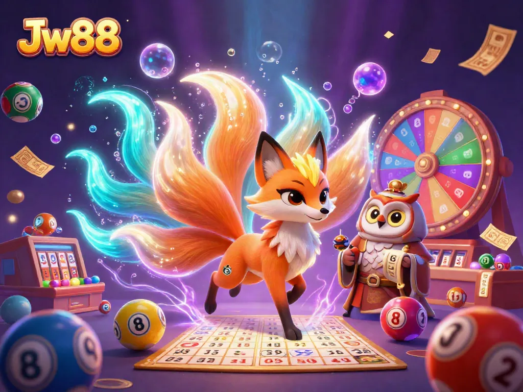 Engage in thrilling gaming with Jw88's vibrant scene filled with dynamic lottery elements and colorful characters.