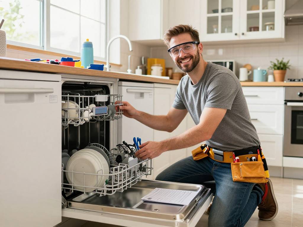 Dishwasher experts demonstrating installation in a bright kitchen with tools and various models.