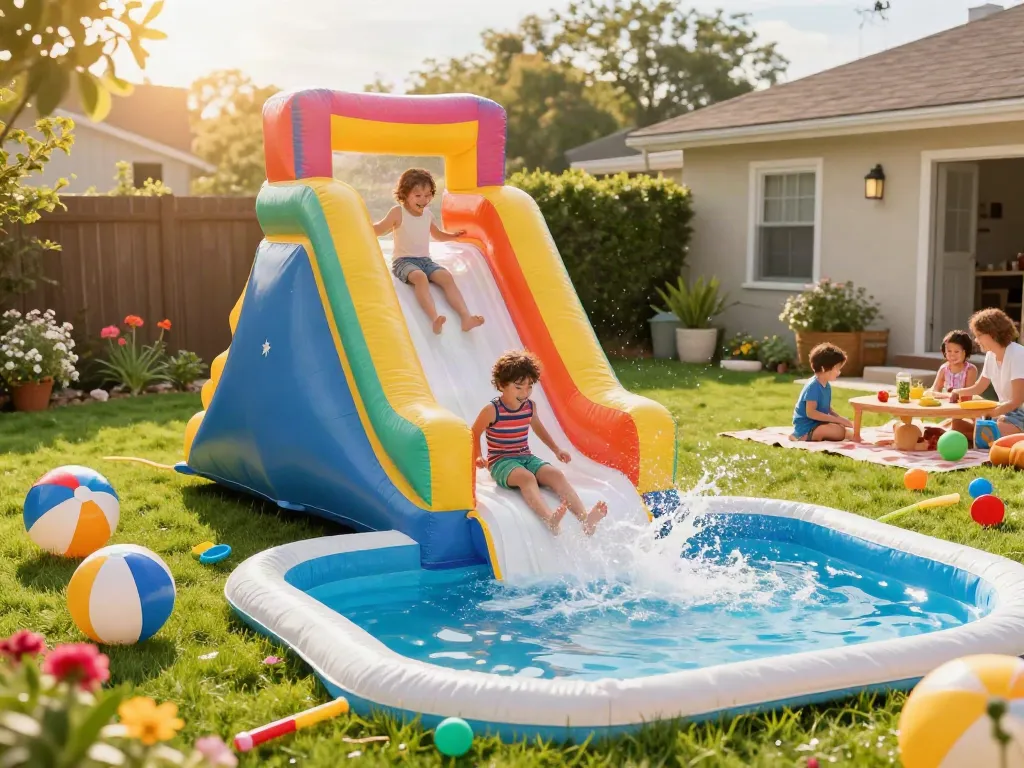 Exciting inflatable water slide splashing children in a sunny backyard, summer fun with water toys.