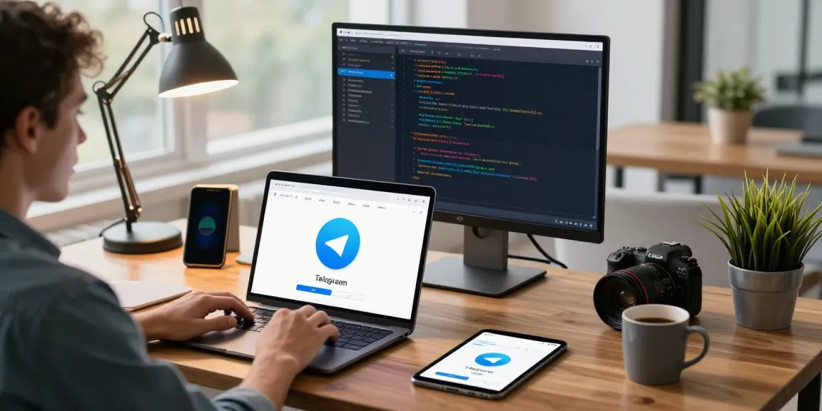 Telegram download in a modern tech workspace with a user on a laptop, showcasing sleek gadgets and bright atmosphere.