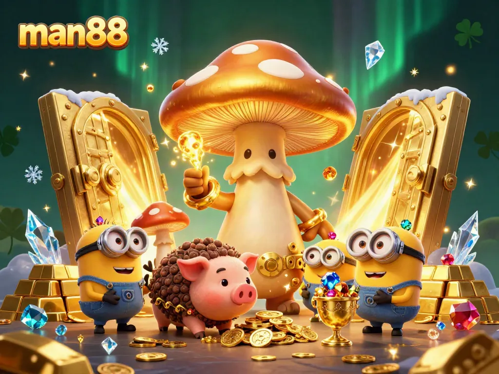 Experience the magic of man88 as a golden wizard transforms treasures into riches in a captivating casino scene.