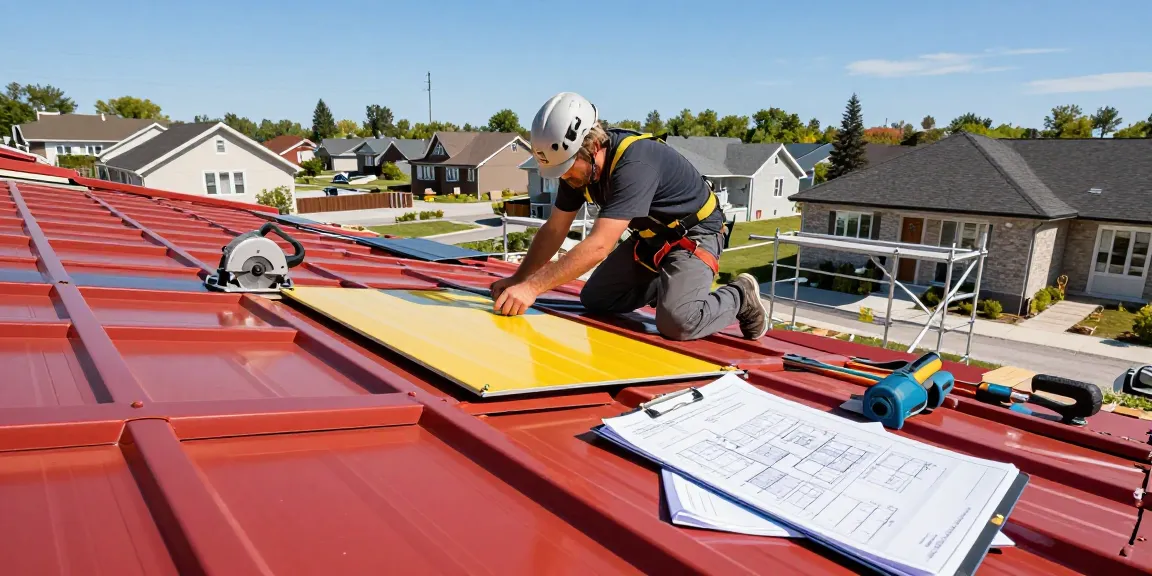 Metal roofing GTA installation with a skilled contractor working on a residential site, showcasing vibrant panels and tools.