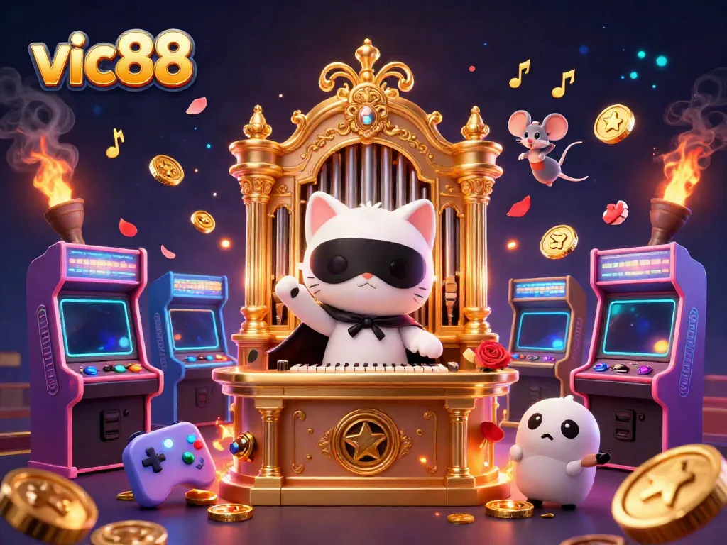 Experience the vibrant world of vic88 with cartoon characters and casino elements sparkling in a dynamic scene.