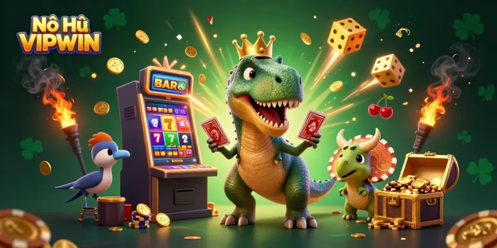 Experience thrilling wins with Nổ Hũ VIPWIN, featuring a friendly T-Rex and vibrant jackpot excitement.