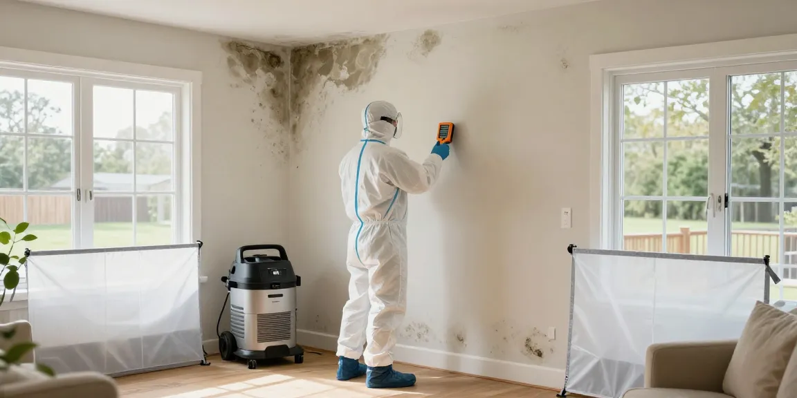 Mold Remediation North Vancouver technician inspecting moisture levels in a restored home, ensuring safety and health.