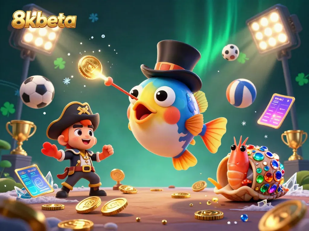 Engaging scene of 8xbeta's dynamic characters attracting coins and sports elements in a captivating underwater casino setting.